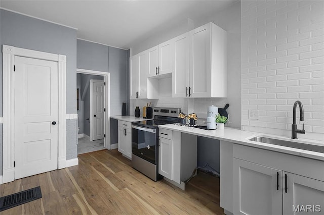 2148 Oregon Ave, Saint Louis, MO 63104 - kitchen featuring electric range, a sink, light countertops, and light wood-style floors