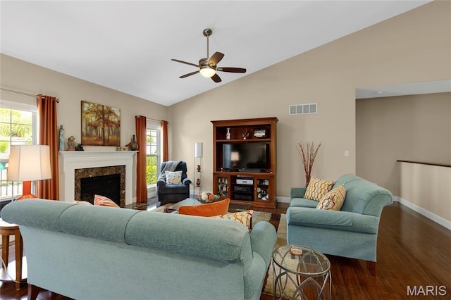 341 Brunhaven Ct, Chesterfield, MO 63017 - living room with a ceiling fan, lofted ceiling, wood finished floors, healthy amount of natural light, and a fireplace
