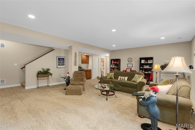 341 Brunhaven Ct, Chesterfield, MO 63017 - living area with carpet flooring, stairs, and recessed lighting