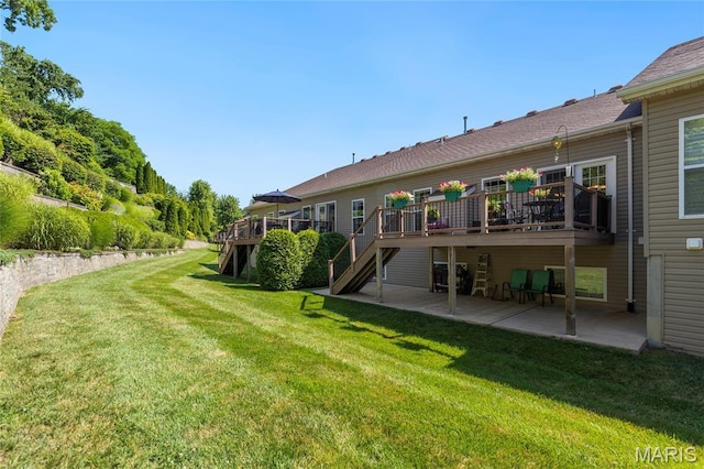 341 Brunhaven Ct, Chesterfield, MO 63017 - view of grassy yard with stairway, a deck, and a patio