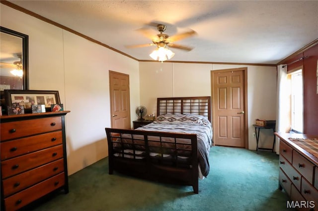 carpeted bedroom with crown molding and a ceiling fan