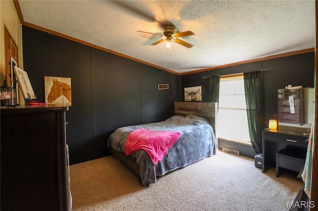 carpeted bedroom with crown molding, a textured ceiling, ceiling fan, and vaulted ceiling