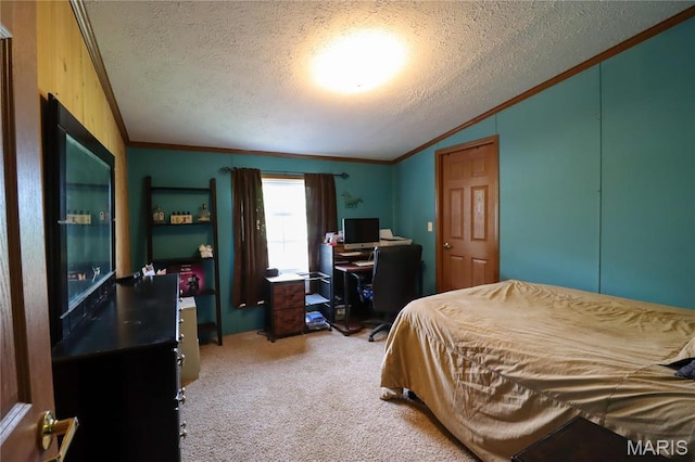 bedroom featuring crown molding, a textured ceiling, carpet, vaulted ceiling, and an office area
