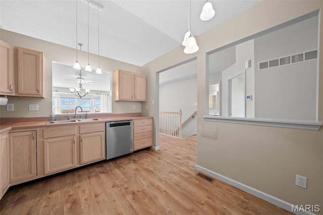 1149 Silo Bnd Unit 341A, Wentzville, MO 63385 - kitchen featuring stainless steel dishwasher, light brown cabinetry, a chandelier, light wood-style flooring, and decorative light fixtures