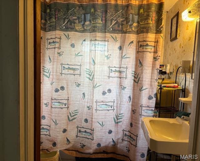206 1st St, Steelville, MO 65565 - full bath featuring a sink and a shower with shower curtain