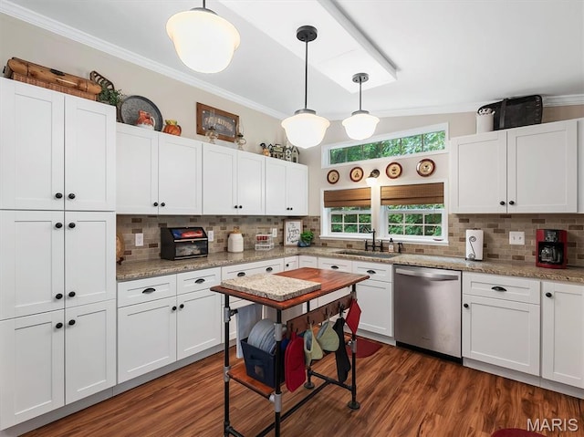 3870 Wilkinson Rd, De Soto, MO 63020 - kitchen with dishwasher, crown molding, tasteful backsplash, and white cabinetry
