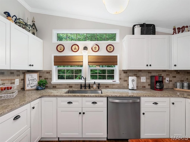 3870 Wilkinson Rd, De Soto, MO 63020 - kitchen featuring stainless steel dishwasher, white cabinetry, decorative backsplash, ornamental molding, and light stone counters