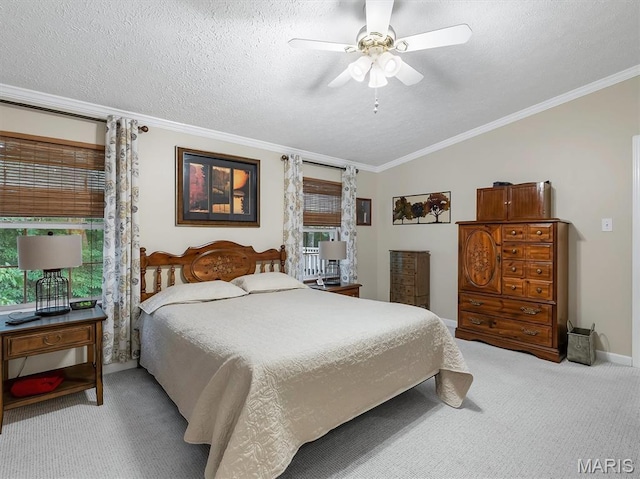 3870 Wilkinson Rd, De Soto, MO 63020 - bedroom with light carpet, ornamental molding, multiple windows, a textured ceiling, and vaulted ceiling