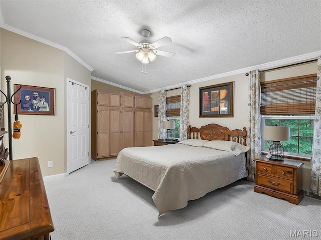 3870 Wilkinson Rd, De Soto, MO 63020 - bedroom with crown molding, light colored carpet, a textured ceiling, a ceiling fan, and lofted ceiling