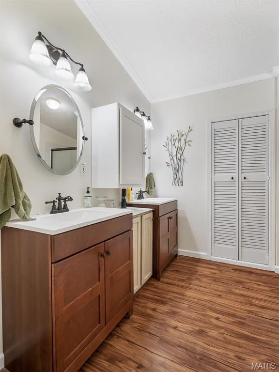 3870 Wilkinson Rd, De Soto, MO 63020 - full bath featuring crown molding, vanity, wood finished floors, and a closet