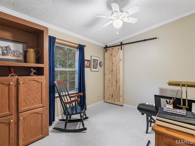3870 Wilkinson Rd, De Soto, MO 63020 - office area featuring light colored carpet, ornamental molding, a barn door, and a ceiling fan
