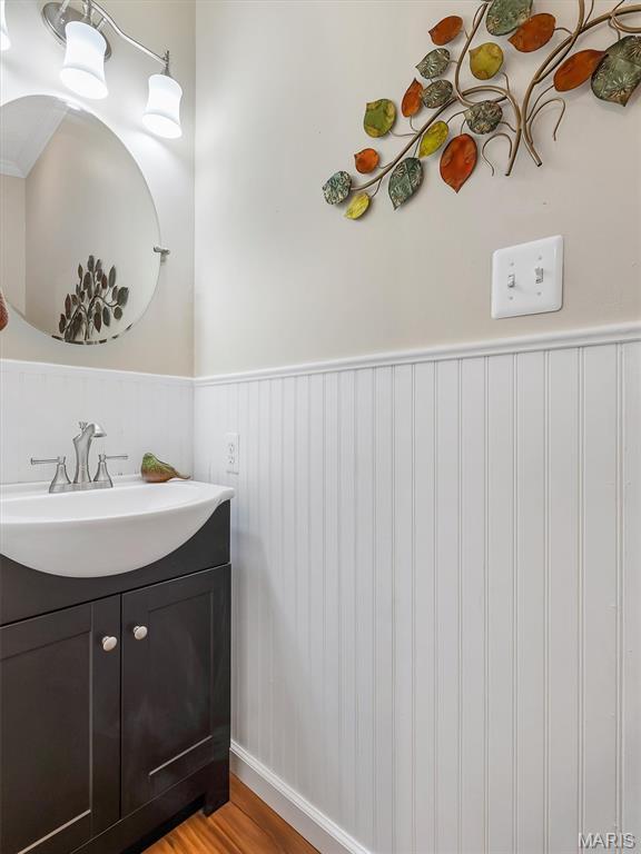 3870 Wilkinson Rd, De Soto, MO 63020 - bathroom featuring vanity, wainscoting, and wood finished floors