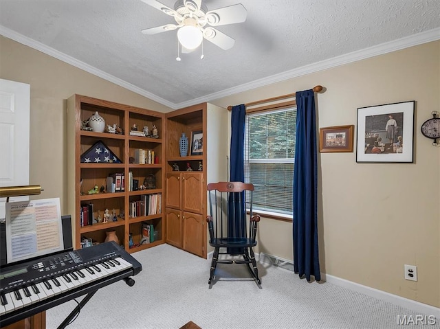 3870 Wilkinson Rd, De Soto, MO 63020 - exercise area with light carpet, a ceiling fan, crown molding, and a textured ceiling