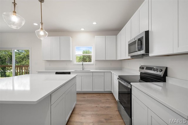 kitchen with appliances with stainless steel finishes, a sink, healthy amount of natural light, recessed lighting, and light countertops