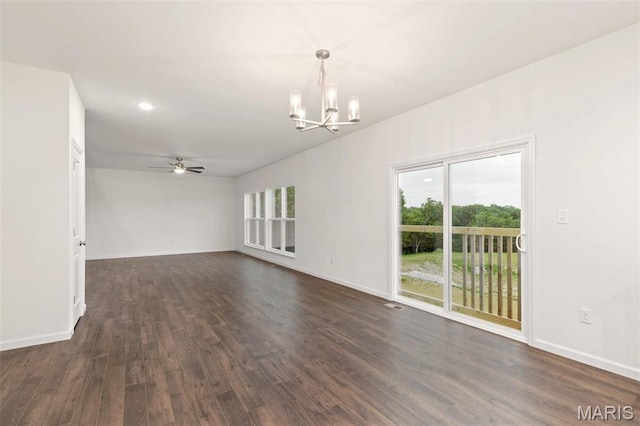 1170 Bloomfield Dr, Eureka, MO 63025 - unfurnished room with a chandelier, dark wood finished floors, ceiling fan, baseboards, and recessed lighting