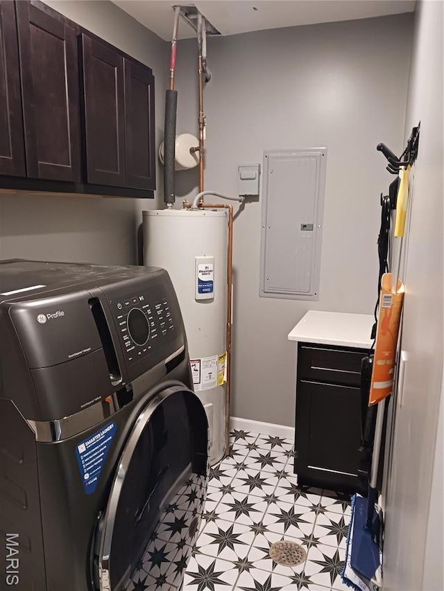 205 Lake Dr, Gray Summit, MO 63039 - clothes washing area with cabinet space, electric panel, light floors, electric water heater, and baseboards