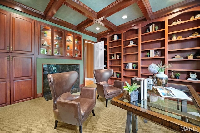 office space featuring carpet, beamed ceiling, crown molding, and coffered ceiling