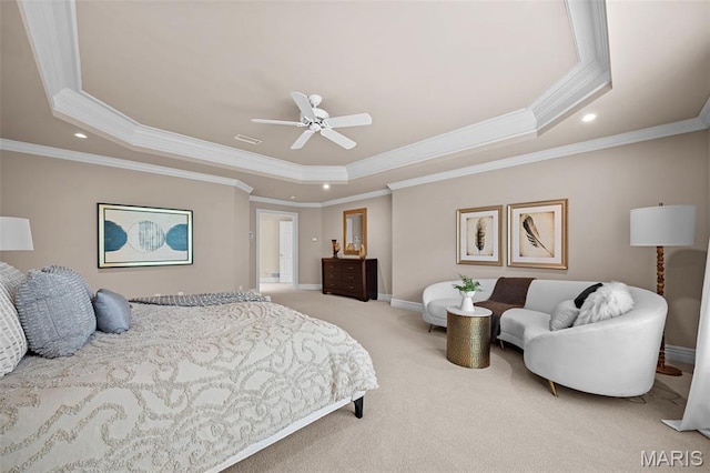 bedroom featuring a raised ceiling, crown molding, light carpet, recessed lighting, and baseboards