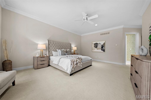 bedroom with light colored carpet, baseboards, crown molding, recessed lighting, and a ceiling fan