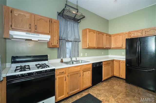 1003 Allen Ave, Saint Louis, MO 63104 - kitchen with black appliances, under cabinet range hood, a sink, light countertops, and light brown cabinetry