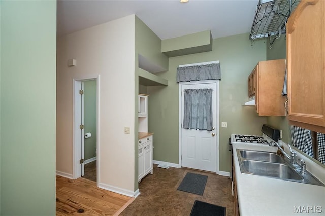 1003 Allen Ave, Saint Louis, MO 63104 - kitchen with a sink, white gas range, ventilation hood, light countertops, and baseboards