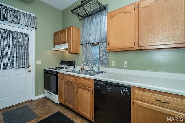 1003 Allen Ave, Saint Louis, MO 63104 - kitchen featuring black dishwasher, gas range oven, under cabinet range hood, a sink, and light countertops
