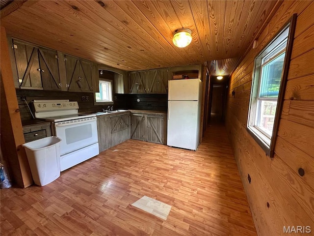 6209 Ripley 21 N-18, Doniphan, MO 63935 - kitchen featuring white appliances, wooden ceiling, a sink, wooden walls, and light wood finished floors