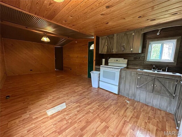 6209 Ripley 21 N-18, Doniphan, MO 63935 - kitchen with white range with electric stovetop, a sink, wood walls, light wood-style flooring, and wood ceiling