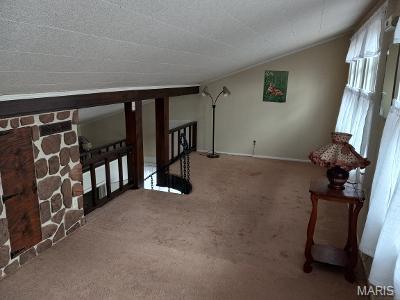 182 Ozark Dr, Ironton, MO 63650 - unfurnished living room with carpet flooring, vaulted ceiling, and baseboards