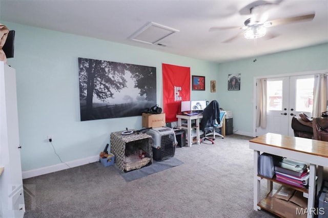 carpeted home office featuring french doors, attic access, ceiling fan, and baseboards
