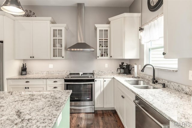 5814 Calvey Creek Rd, Robertsville, MO 63072 - kitchen featuring stainless steel appliances, a sink, wall chimney exhaust hood, and white cabinets