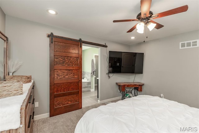 5814 Calvey Creek Rd, Robertsville, MO 63072 - carpeted bedroom with a barn door, baseboards, recessed lighting, ensuite bathroom, and ceiling fan