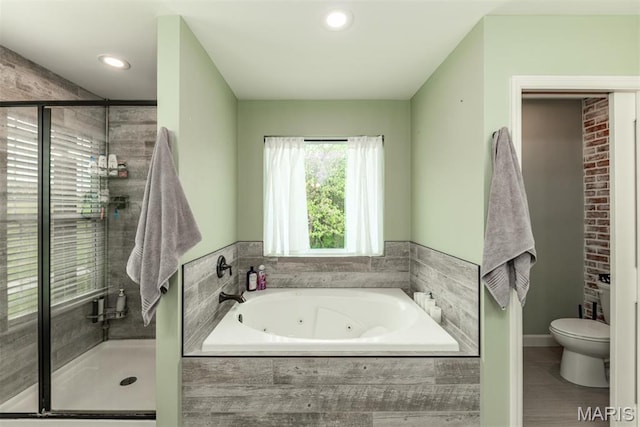 5814 Calvey Creek Rd, Robertsville, MO 63072 - bathroom with toilet, a whirlpool tub, a stall shower, recessed lighting, and tile patterned floors