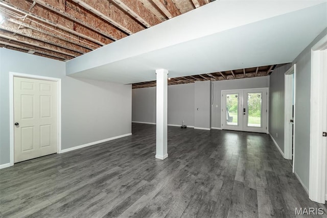 5814 Calvey Creek Rd, Robertsville, MO 63072 - basement featuring french doors, dark wood-style floors, and baseboards