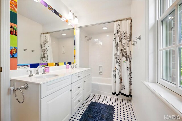 24 Rio Vista Dr, Saint Louis, MO 63124 - full bathroom featuring shower / bathtub combination with curtain, double vanity, and recessed lighting