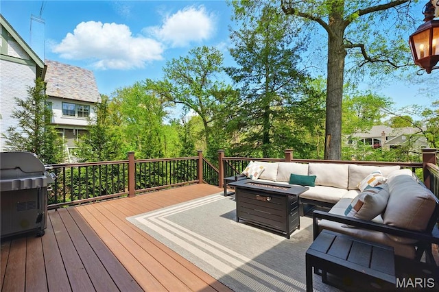 24 Rio Vista Dr, Saint Louis, MO 63124 - wooden terrace with an outdoor living space with a fire pit and a grill