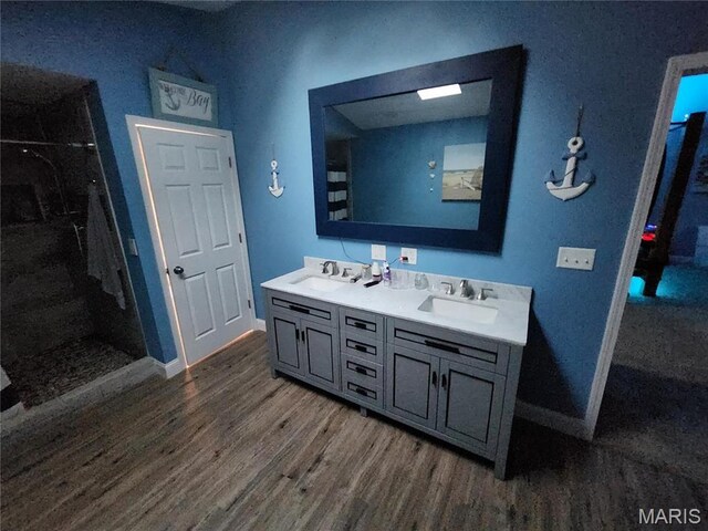91 N Chantilly Rd, Winfield, MO 63389 - bathroom featuring wood finished floors, baseboards, double vanity, and a walk in shower