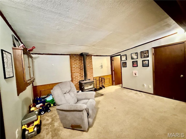 56 Berger Rd, Middletown, MO 63359 - living area featuring a wood stove, carpet floors, a textured ceiling, and wainscoting
