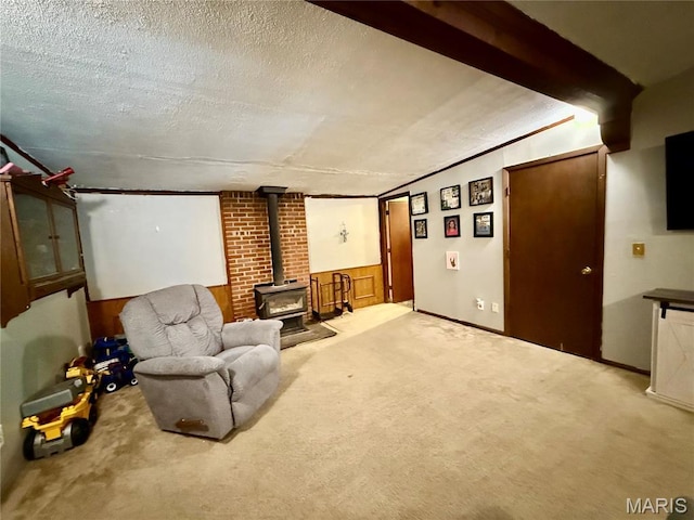 56 Berger Rd, Middletown, MO 63359 - carpeted living area with a wood stove and a textured ceiling