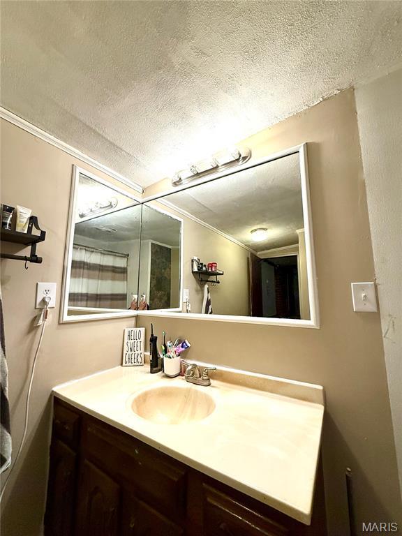 56 Berger Rd, Middletown, MO 63359 - bathroom featuring a textured ceiling, vanity, and ornamental molding