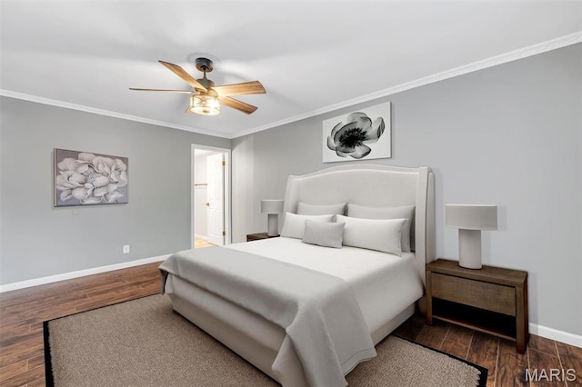 bedroom featuring crown molding, baseboards, wood finished floors, and ceiling fan