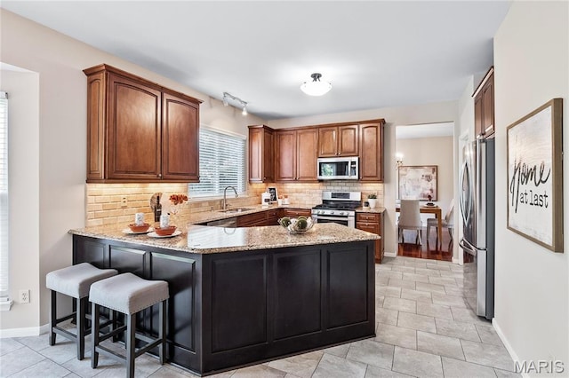 1309 Wellington Valley Ct, Chesterfield, MO 63005 - kitchen with appliances with stainless steel finishes, a peninsula, a sink, and light stone countertops