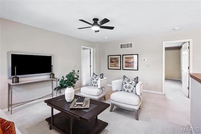 1309 Wellington Valley Ct, Chesterfield, MO 63005 - living room with a ceiling fan, light carpet, and baseboards