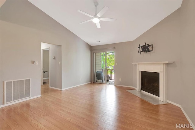 1316 Holgate Dr Unit G5, Ballwin, MO 63021 - unfurnished living room featuring ceiling fan, lofted ceiling, light wood finished floors, a fireplace with flush hearth, and baseboards