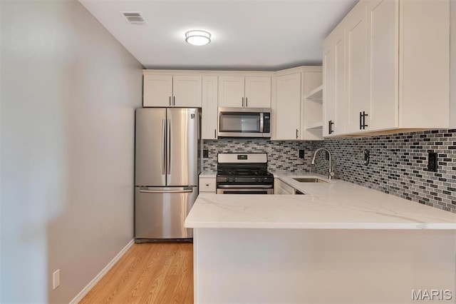 1316 Holgate Dr Unit G5, Ballwin, MO 63021 - kitchen featuring appliances with stainless steel finishes, a sink, light stone countertops, decorative backsplash, and light wood-style floors