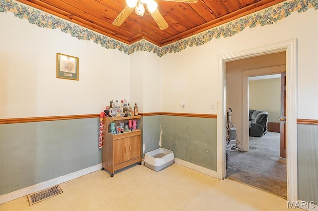 2418 Willow St, Alton, IL 62002 - game room with wood ceiling, a ceiling fan, baseboards, and carpet floors
