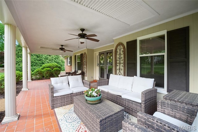 12935 Topping Estates Dr, Town And Country, MO 63131 - view of patio / terrace featuring an outdoor hangout area, ceiling fan, and french doors