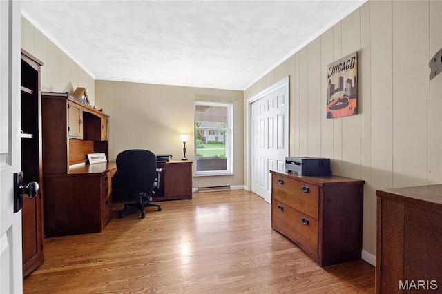 12935 Topping Estates Dr, Town And Country, MO 63131 - office area featuring crown molding, wood finished floors, and baseboard heating