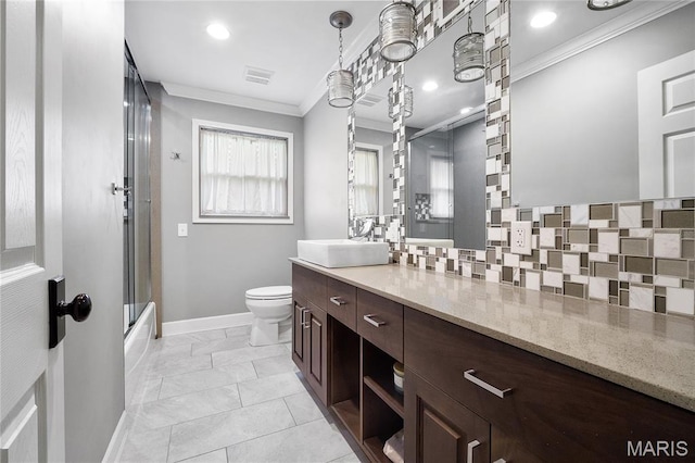 12935 Topping Estates Dr, Town And Country, MO 63131 - bathroom featuring crown molding, toilet, baseboards, vanity, and decorative backsplash