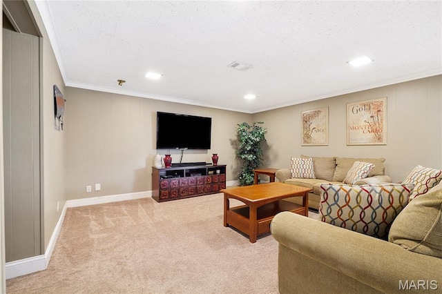 12935 Topping Estates Dr, Town And Country, MO 63131 - living area with ornamental molding, light colored carpet, baseboards, recessed lighting, and a textured ceiling